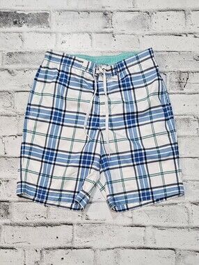 Merona Plaid Swim Trunks Mens Medium Blue White Board Shorts